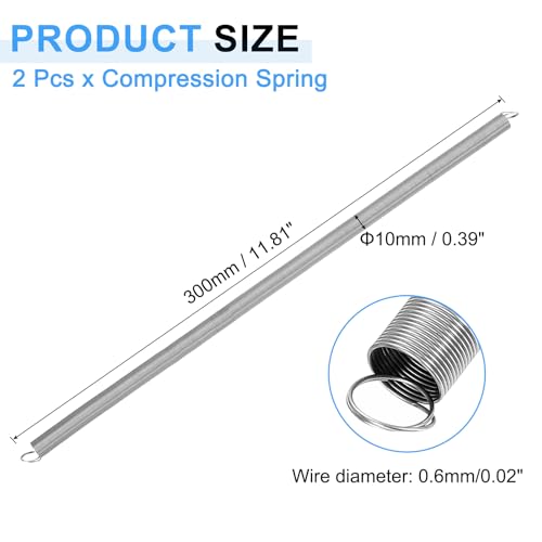 uxcell 2Pcs Extension Springs, 0.6x10x300mm/0.02x0.39x11.81in 304 Stainless Steel Extended Compression Spring Steel Dual Hook Tension Springs for Machinery Construction Home Repairs - size: 0.6x10x300mm