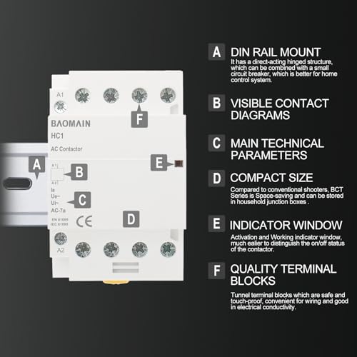 BAOMAIN 50A 4 Pole AC Contactor 110V 4NO DIN Rail for HVAC EV Smart Home