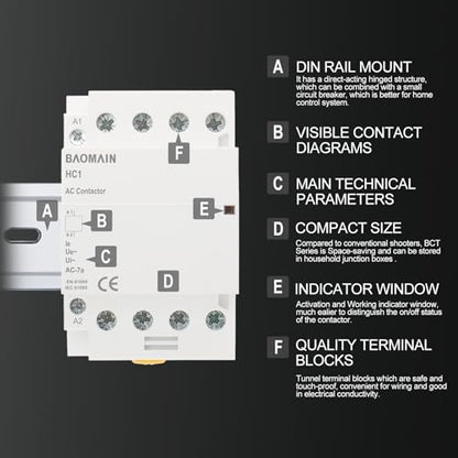 BAOMAIN 50A 4 Pole AC Contactor 110V 4NO DIN Rail for HVAC EV Smart Home