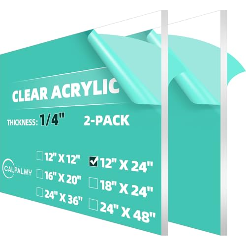 CALPALMY (Pack of 2) 12 x 24 Inch Clear Acrylic Sheets 1/4" Thick Plexiglass; Use for Craft Projects, Signs, Display Cases, Sneeze Guard and More; Cut with Cricut, Engraver, Power Saw or Hand Tools - color: Clear, size: 12x24", 1/4" Thick