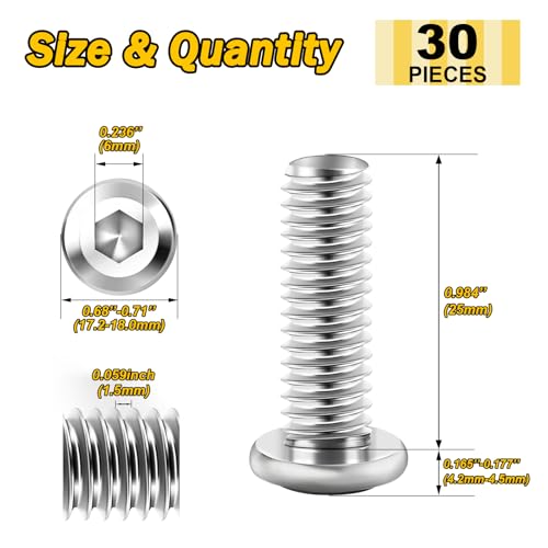 Mywish M10 x 25mm 30Pcs Silver Flat Head Hex Socket Cap Screws Bolts, 304 Stainless Steel Furniture Bolts Full Thread & Hex Spanner - color: Silver-M10, size: 25mm