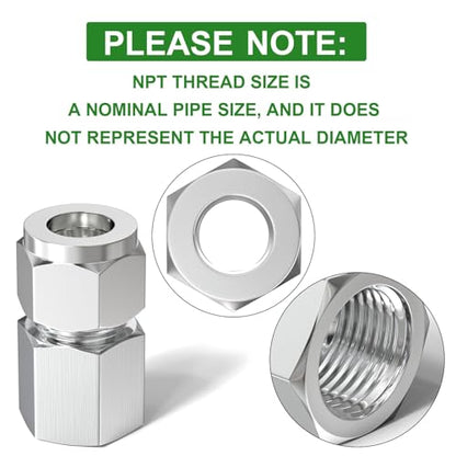 TAISHER 2PCS 304 Stainless Steel Compression Tube Pipe Fitting Connector, 1/2" Tube OD x 3/8" NPT Female - size: 1/2" OD x 3/8" FNPT