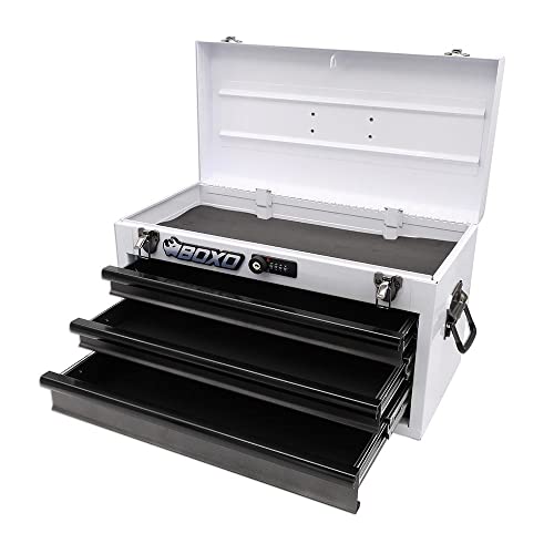 Boxo USA Hand Carry Tool Box 3-Drawer Heavy Duty Steel Toolbox with Lock System (White) - color: White