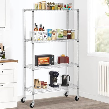 Meet perfect 4-Tier Wire Shelving Unit with Wheels, 36x14x62 in Chrome - color: Chrome, size: 4-Tier, 62"H × 36"W × 14"D