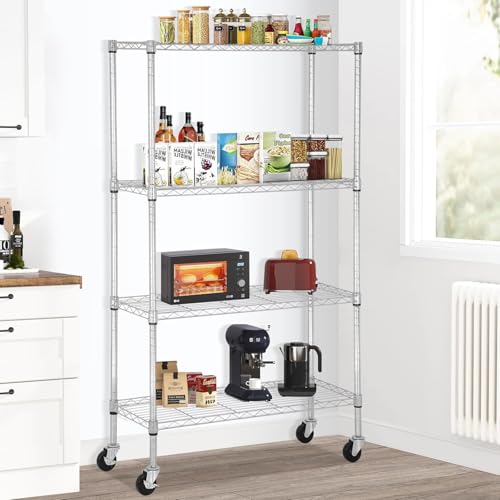 Meet perfect 4-Tier Wire Shelving Unit with Wheels, 36x14x62 in Chrome - color: Chrome, size: 4-Tier, 62"H × 36"W × 14"D