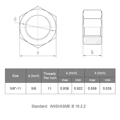 VGBUY 10pcs 5/8-11 Hex Nuts, 304 Stainless Steel 18-8 External Hex nut 5/8 11 inch, SAE Hex Machine Screw Nuts Hardware Nuts (VG01302) - size: 5/8"-11(10pcs)