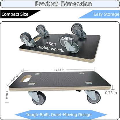 Furniture Moving Dolly Wood Platform Dolly 2 Packs, 17.32 x 9.06 inch, 882 lbs Capacity Heavy Duty Wood Dollies cart with Wheels, Movers Carrier with 4 Soft Rubber Silent Wheels - size: Mini Rectangle Dolly with Rubber Wheels