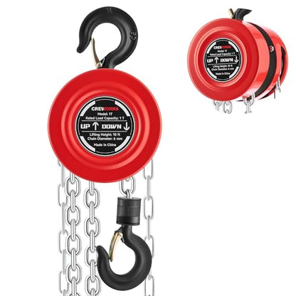 CREWORKS Hand Chain Hoist, 1 Ton 2200 lb Capacity 10 ft Manual Chain Hoist with G80 Load Chain & Galvanized Hand Chain, Heavy Duty Manual Lever Hoist for Construction Warehouse Automotive Factory - style: Round Hand chain hoist, 1 Ton, 10FT
