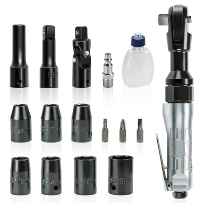 Auto Dynasty 17 Pieces 1/2" Air Ratchet Wrench Kit Set Heavy-Duty Aluminum Body, 50 ft-lb Max Torque, 160 RPM Speed, Versatile Pneumatic Sockets