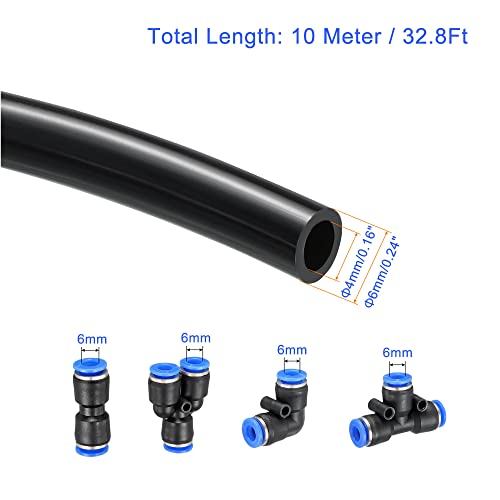 M METERXITY Pneumatic Tubing - Polyurethane Air Compressor Hose with Push to Connect Fittings, Apply to Air Line Transfer (6mm OD 4mm ID, 32Ft, Black)