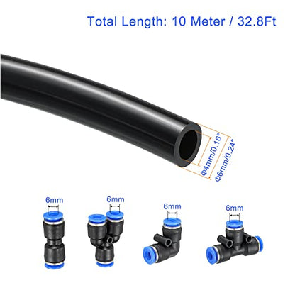 M METERXITY Pneumatic Tubing - Polyurethane Air Compressor Hose with Push to Connect Fittings, Apply to Air Line Transfer (6mm OD 4mm ID, 32Ft, Black)