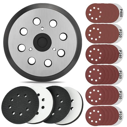 5 Inch 8 Holes Hook Loop Orbital Sander Metal Pad Replacement for Makita BO5010K BO5021 BO5030K BO5031K BO5041K with 4 PCS Foam & 36 PCS Sanding Discs 100 150 180 240 320 400 Grits - size: FIT 743081-8 & 743051-7