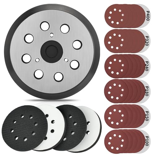 5 Inch 8 Holes Hook Loop Orbital Sander Metal Pad Replacement for Makita BO5010K BO5021 BO5030K BO5031K BO5041K with 4 PCS Foam & 36 PCS Sanding Discs 100 150 180 240 320 400 Grits - size: FIT 743081-8 & 743051-7