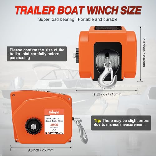 Nilight Boat Trailer Winch 3500 lbs Portable Electric Boat Winches 12 V DC Marine Winch with Steel Cable Remote Control & Hand Crank Power-In Freewheel Operat Waterproof Winch for Boat Trailer, Orange - color: Orange, size: Steel Cable