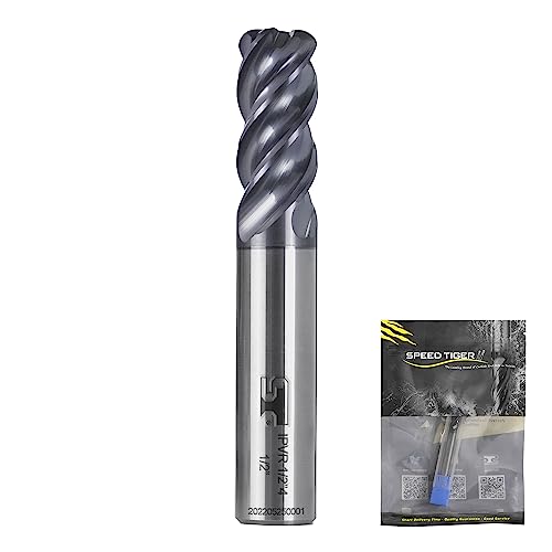 SPEED TIGER Carbide Corner Radius End Mill - 4 Flute - IPVR1T1/2 0.03" 4 (1 Piece, R0.03, 1/2") - Unequal Flute Spacing & Helix Design - for Titanium - Mill Bits Sets for DIYers & Professionals - size: 1/2 in, style: R0.03