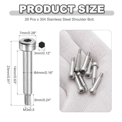 MECCANIXITY 26 Pcs 304 Stainless Steel Shoulder Bolt 4mm Shoulder Dia 14mm Shoulder Length M3x0.5 Thread Hex Socket Shoulder Bolts for Hydraulic Injection Molding Machinery Industries - size: 4mm x 14mm