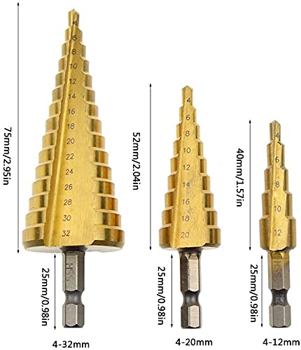 3 Pcs Straight Grooved Step Drill Bit Set,Step Drill Bits Set