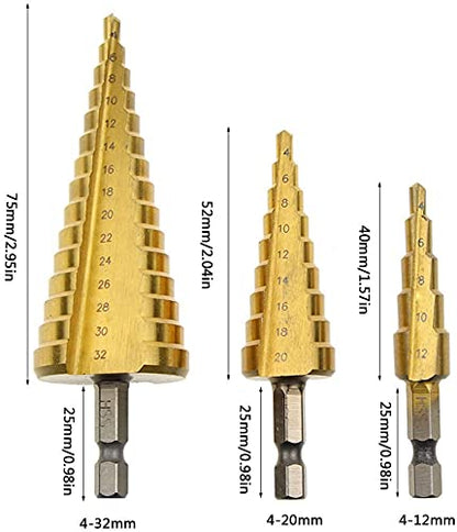 3 Pcs Straight Grooved Step Drill Bit Set,Step Drill Bits Set