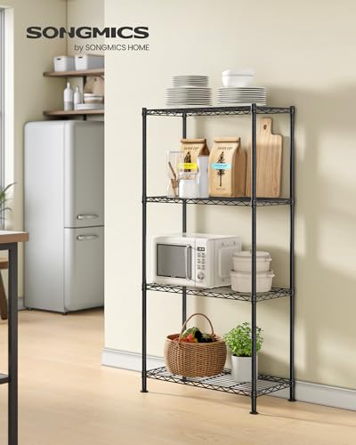 SONGMICS 4-Tier Storage Shelves, Adjustable Wire Shelving Unit, 8 Hooks - color: Ink Black, size: 4 Tiers (11.8"D x 23.6"W)