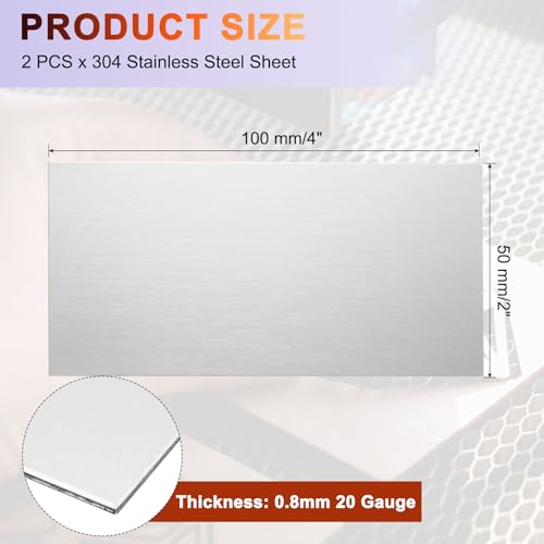 uxcell 2Pcs 304 Stainless Steel Sheet Plate, 4" x 2", 20 Gauge (0.8mm) Thickness, Stainless Steel Plate with Gloves for Crafting, Modelers, Jewelry, Repairs, Electrical Repairs (Silver) - size: 100 x 50 x 0.8mm
