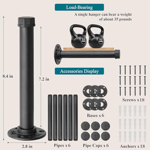 Cast Iron Wall Mounted Clothes Rack, Heavy Duty Industrial Pipe Clothing Rack for Hanging Clothes, Garment Racks for Wardrobe Organizers and Storage, DIY Closet Rods Closet Bar (Black 6 Pack, 8 in) - color: Black 6 Pack, size: 8 in