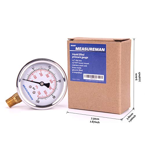 MEASUREMAN Pressure Gauge 1/4 NPT, 0-100psi/kPa Glycerin Filled Pressure Gauge with 2.5 Inch Dial Size and 304 Stainless Steel Case (0-100 psi, Lower Mount) - size: 0-100 psi, style: Lower Mount