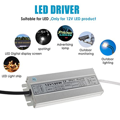 LED Driver Waterproof IP67 Power Supply 150W 12V DC 12.5a Transformer thinner and Durable with US 3-Prong Plug Plate for Outdoor Use - size: 12V150W