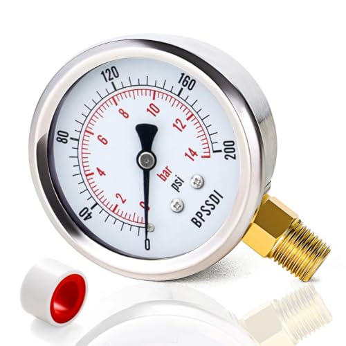 0-200 Psi Pressure Gauge, 2.5" Dial Size, 1/8" NPT Lower Mount, 304 Stainless Steel Case, Water Pressure Gauge Test for Pool Pump, Sand Filter, Air Compressor, Espresso(with Tape) - size: 0-200 psi, style: Lower Mount(1/8" NPT)