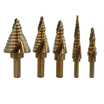 XtremepowerUS Industrial 5pc Cobalt Uni Step Bits 1/4", 3/8" Shank Spiral Flute Drill Bit Set Split Point SAE w/Case - size: 5 Pieces Cobalt Set