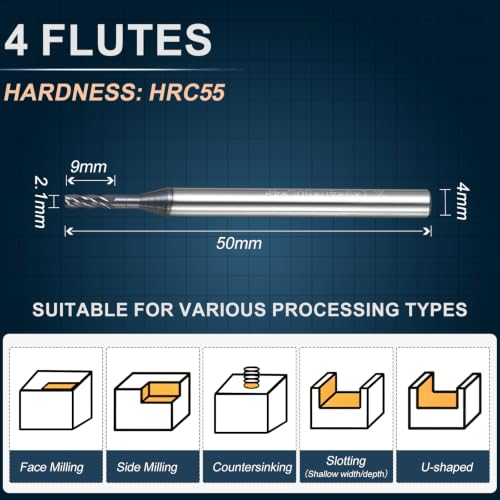 2.1mm Carbide End Mill, 9mm Cut L, 50mm L, 4mm Shank, Black - color: Black, size: 2.1mm Dia,9mm CL,50mm L,4mm Shank
