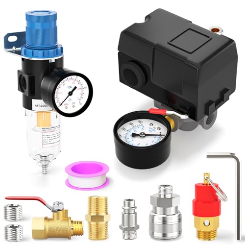 4 Way Air Compressor Pressure Switch Control Valve Kit 95-125 PSI, 1/4" NPT Port, 110V-240V, With 0-200 Pressure gauge, AFR2000 Air Filter Pressure Regulator - size: 95-125 PSI