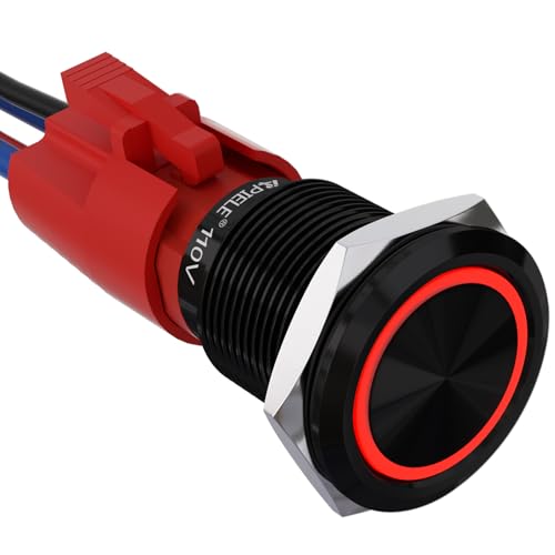 APIELE 19mm Latching Push Button Switch 110V-220V AC 10 Amp SPST LED Waterproof Round Self-Locking 1NO (Black Aluminum, Red) - color: Black Shell-Red, size: 19MM