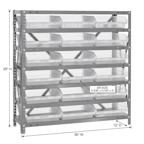 Quantum Storage Systems 1239-109CL Clear-View Sloped Shelving Unit with 4" Shelf Bins, 18 QSB109 Shelf Units, 12" D x 36" W x 39" H - size: 39" H x 36" W x 12" D, style: 12" L x 12" W x 4" H 18 Economy Clear Bins