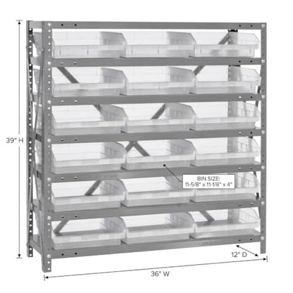 Quantum Storage Systems 1239-109CL Clear-View Sloped Shelving Unit with 4" Shelf Bins, 18 QSB109 Shelf Units, 12" D x 36" W x 39" H - size: 39" H x 36" W x 12" D, style: 12" L x 12" W x 4" H 18 Economy Clear Bins