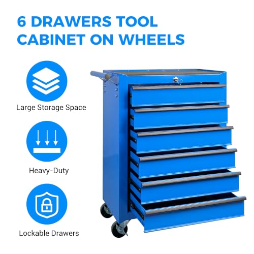 Rolling Metal Tool Chest with 6 Drawers, 20" 6-Drawer Tool Chest Cabinet with Ball Bearing Drawer Slides, Steel Tool Storage Box Organizer -Blue - color: Blue-6