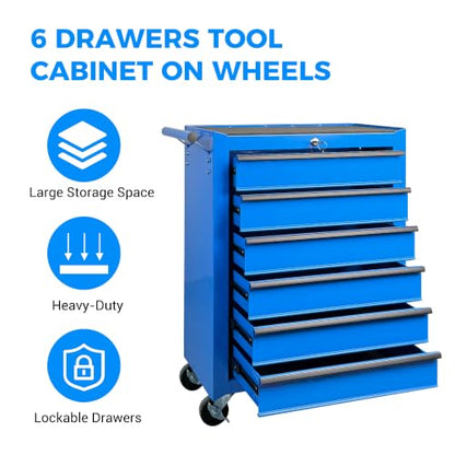 Rolling Metal Tool Chest with 6 Drawers, 20" 6-Drawer Tool Chest Cabinet with Ball Bearing Drawer Slides, Steel Tool Storage Box Organizer -Blue - color: Blue-6
