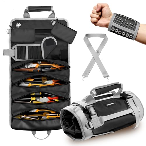 Tool Bag Roll Up Large Heavy Duty, Waterproof Oxford Fabric Tool Storage Organizer with Shoulder Strap Detachable Magnetic Wristband, Foldable Carrying Toolbag for Car Mechanic and Electrician(Black) - color: Black