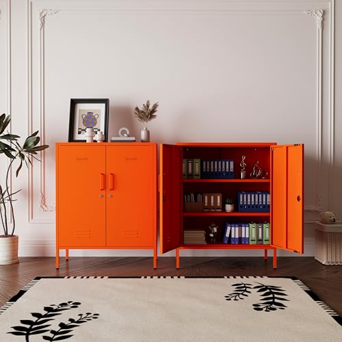 Orange 2-Door Lockable Metal Storage Cabinet, Heavy Duty 3-Tier Tall Locker with Removable Shelves, Multifunctional Accent Cabinet for Home, Office, Entryway & Hallway, Easy Assembly - color: Sunlight