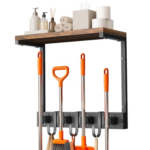 Supforce Small Broom Holder Wall Mount with Shelf, 4 Slots 3 Hooks - color: Black, size: Small