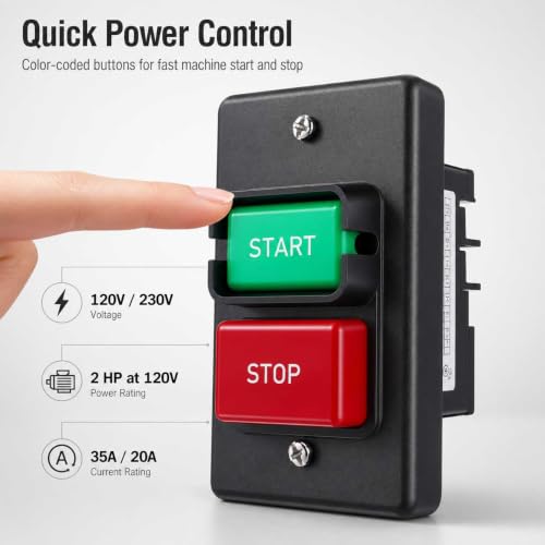 QWORK Single Phase On/Off Push Button Switch, 120V/230V Dual Voltage 2HP/3HP – Emergency Stop Power Switch with Deep Box Hardware for Table Saw, Router Table, Drill Press & Woodworking Tools