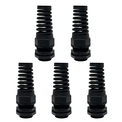 LeMotech 5Pcs NPT 1" IP68 Waterproof Cable Gland Flex Spiral Strain Relief Black Nylon Joint with Gaskets for 18-25mm Wire Thread - color: Black, size: NPT 1" (5-Pack)