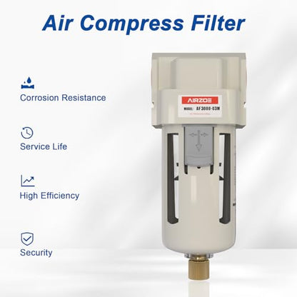 AIRZOE 3/8" NPT Compressed Air Filter, Semi-Auto Drain,0-150psi, AF3000-03 - size: 3/8" NPT