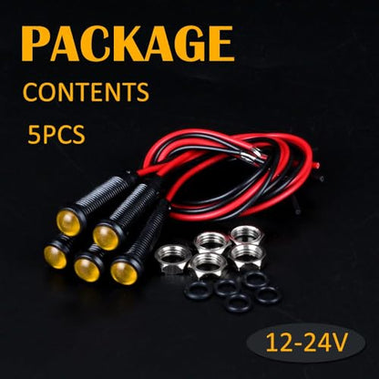 5pcs 6mm LED Indicator Light Plastic Black Signal Dot Lamp 12V-24V 1/4" Mounting Hole Size with 15cm/5.9in. Wire (Yellow LED) - color: Yellow, size: 6mm 12-24V