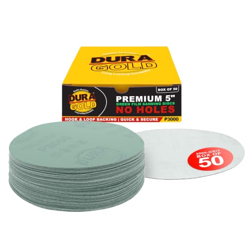 Dura-Gold 5" Green Film Sanding Discs, 3000 Grit, Box of 50, Hook & Loop - size: 3000-Grit