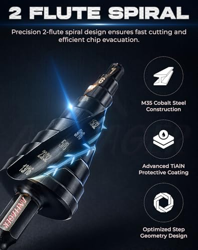 Unibit Step Drill Bit Set (3-Piece) M35 Cobalt HSS TiAlN - Up to 1-1/4" (32mm Max) – Spiral Groove for Stainless Steel, Sheet Metal & Plastic, 1/4" Hex Shank, Aluminum Case