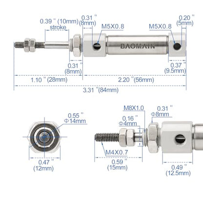 BAOMAIN Mini Pneumatic Air Cylinder 5/8" Bore 0.4" Stroke CDJ2B10x10