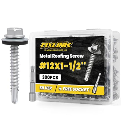 Metal Roofing Screws #12 x 1-1/2", 300 PCS, FIXLINK RUSPERT Hex Head Rubber Washer Sheet Metal Roof Screws Self Drilling Metal to Wood Siding Screws, Hex Socket Included, Silver - color: Silver, size: #12 x 1-1/2"