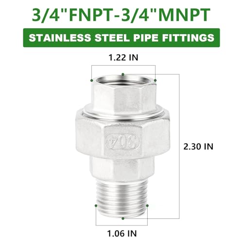 TAISHER 1PCS 304 Stainless Steel Union，3/4" NPT Male x 3/4" NPT Female Cast Pipe Fitting,Reducing Pipe Adapter Fitting - size: 3/4" (F x M)NPT