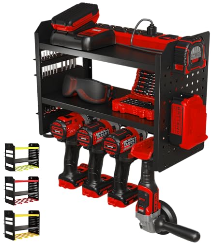 BUILTSTRONG Power Tool Organizer Wall Mount – 3-Tier Heavy-Duty Steel Rack, 4 Drill Slots, Pegboard + Utility Side, 100 lb Capacity – Garage, Workshop & Shed Storage (Black) - color: Black, size: 4 Drill Holder