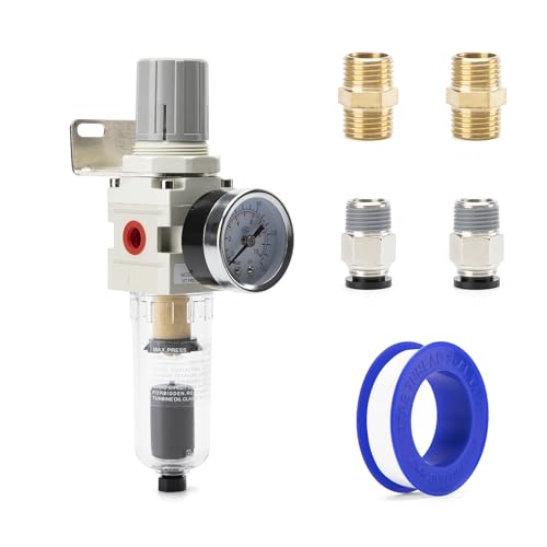 1/4" NPT Air Pressure Regulator Water Separator for Air Compressor Regulator Combo with 0-150 psi Gauge Auto Drain 5 Micron Brass Filter Poly Bowl Metal Bracket - size: 1/4" NPT, style: Auto Drain